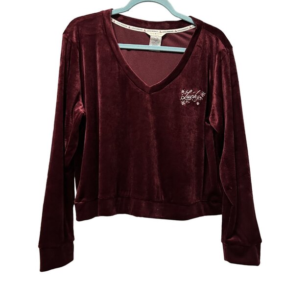 Lucky Brand size XL winter themed burgundy velour long sleeve v neck cropped top - Picture 1 of 6